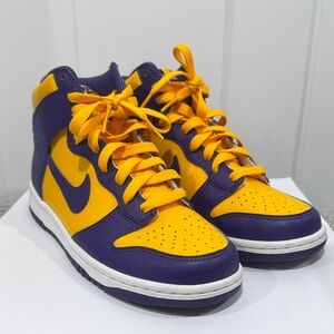 Nike Youth Purple and Yellow High-Top Dunks